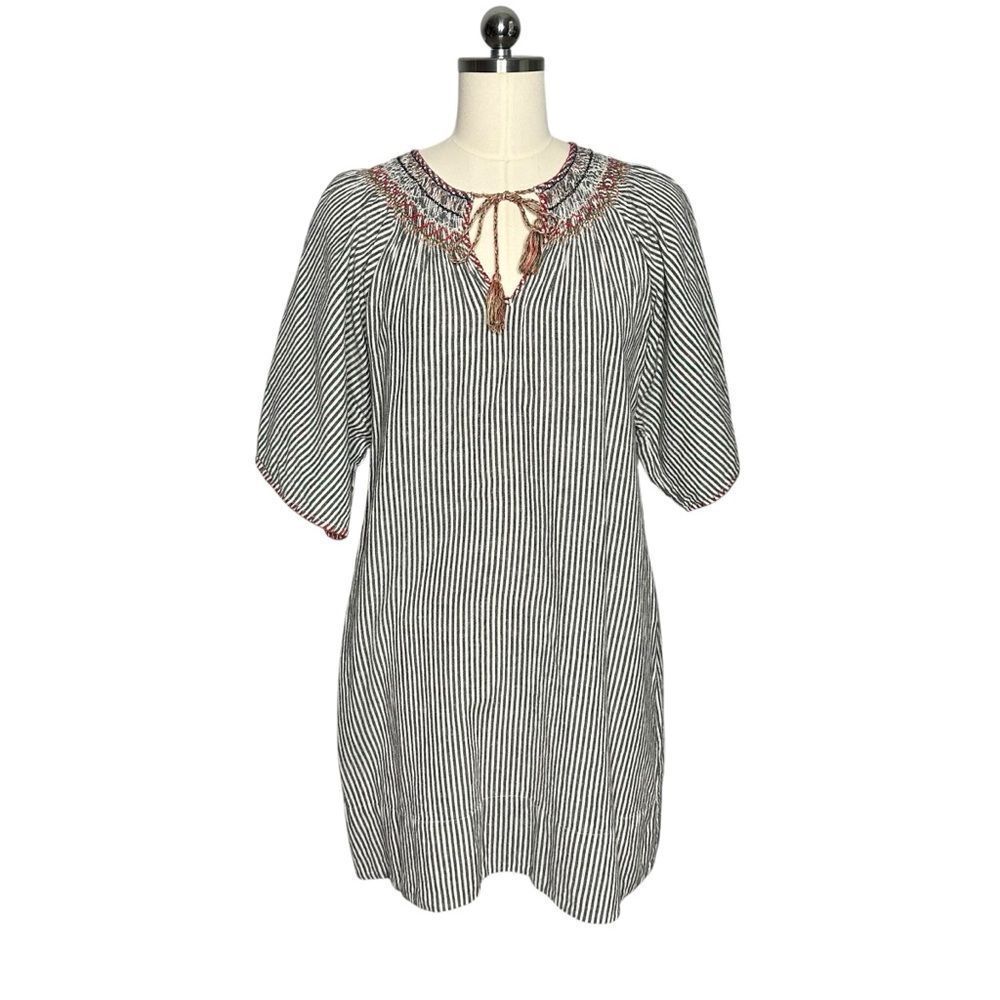 The Great Striped Embroidered Linen Blend Mini Dress | M